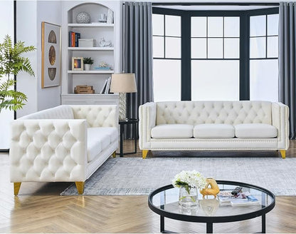mikibama 2PC Velvet Sofa Couch Set for Living Room,Button Tufted 3 Seater Sofas Set of 2,Modern Upholstered 3-Seat Couches with Nailhead Trims,Golden Metal Legs for Bedroom