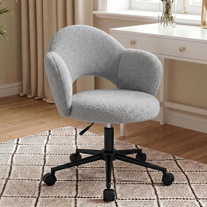 Homkdom Desk Chair with Wheels, 3.94" Thick Comfy Petal Vanity Chair, Swivel Armless Chair with Open Back and Adjustable Height, Ideal for Makeup Study Work and Relaxation, Grey