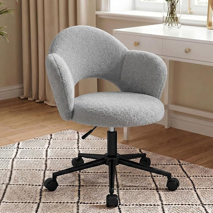 Homkdom Desk Chair with Wheels, 3.94" Thick Comfy Petal Vanity Chair, Swivel Armless Chair with Open Back and Adjustable Height, Ideal for Makeup Study Work and Relaxation, Grey