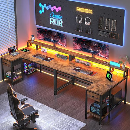 DurayLoly 40" L- Shaped Computer Desk with LED Lights & Power Outlet,Gaming Desk with Monitor Stand for Gamer,Home Office Desk with Drawer for Student Study Room,Bedroom,Small Working Room,Brown