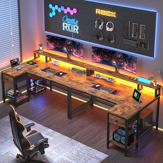 DurayLoly 40" L- Shaped Computer Desk with LED Lights & Power Outlet,Gaming Desk with Monitor Stand for Gamer,Home Office Desk with Drawer for Student Study Room,Bedroom,Small Working Room,Brown