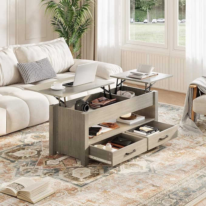IDEALHOUSE 47.2" Coffee Table with Storage, Multi-Function Lift Top Coffee Table with Wooden Lift Tabletop, 2 Drawers and Hidden Compartment, Central Table for Living Room Home Office, Grey