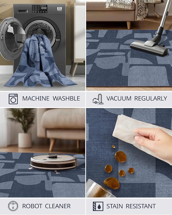 Latte&Fog 8x10 Area Rugs for Living Room, Large Modern Abstract Washable Rug, Boho Non Slip Low Pile Carpet for Indoor Bedroom Dining Room, Office, Dorm, Classroom, Farmhouse and Kids Room - Navy Blue