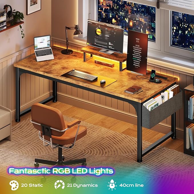 DurayLoly 63 x 24 inch Large Computer Desk, 24mm Thick Desktop with Power Outlets, RGB LED, Office Desk with Detachable Stand, 150LBS Heavy Duty, Spacious Desk for Multi-Tasking Workers, Brown
