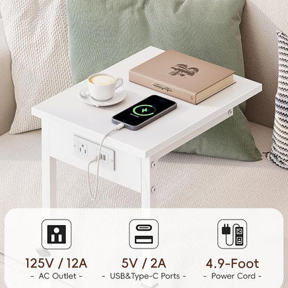 Vagusicc C Shaped End Table with Charging Station, C Table End Table Adjustable Height Sofa Table, Side Table for Couch, Couch Table that Slide Under, TV Tray Arm Table for Living Room,Bedroom, White