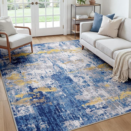 RELEANY Washable Area Rugs Square 7ft Non-Slip Modern Abstract Soft for Living Room Entryway Bedroom Kitchen, Print Pattern, Grey Blue Gold/Golden