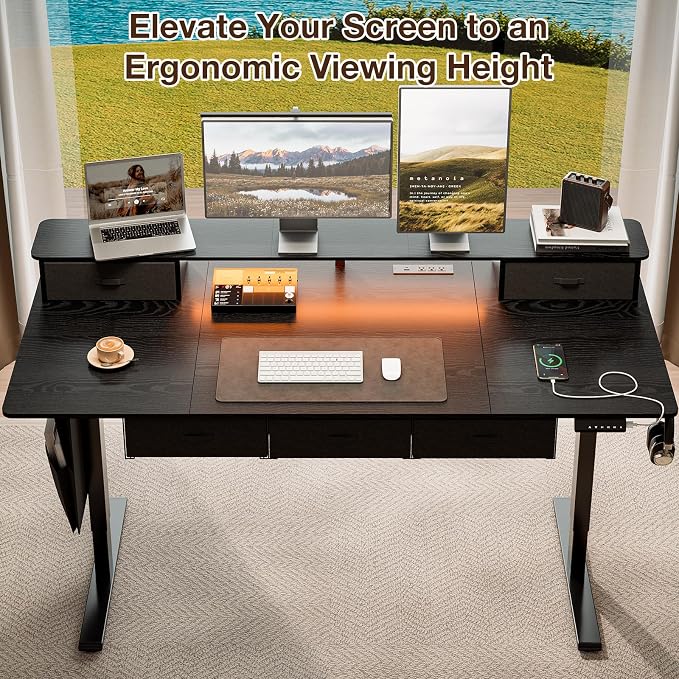 71x32″ Electric Standing Desk with 5 Drawers, Sit Stand Desk with Power Outlets, Monitor Shelf, RGB LED Lights and Cable Management, Height Adjustable 28.3"-47.2" for Home & Office, Black
