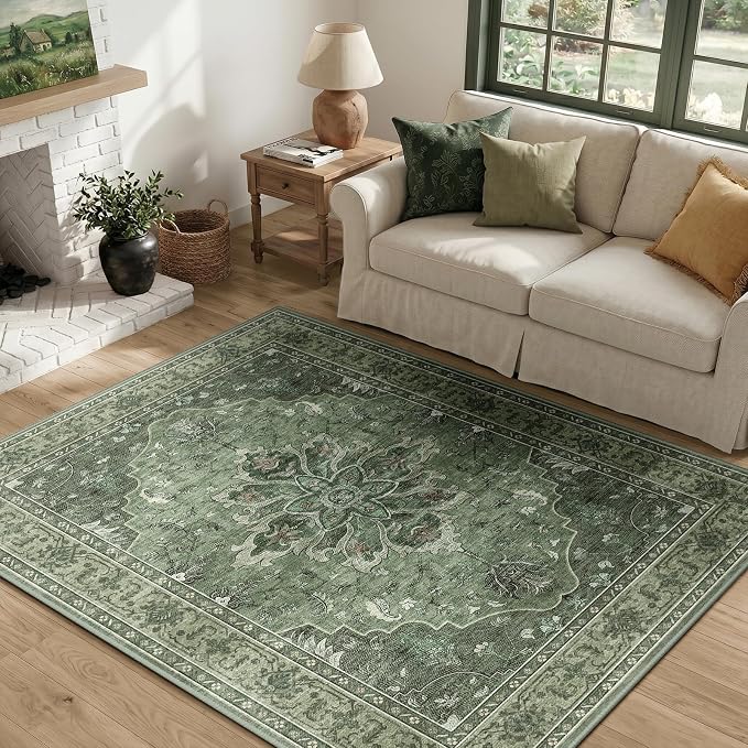 RELEANY Area Rugs 4'x5' Washable Non-Slip, Floral Vintage Distress Medallion Carpet for Living Room Bedroom Dining Room, Dark Green Gray