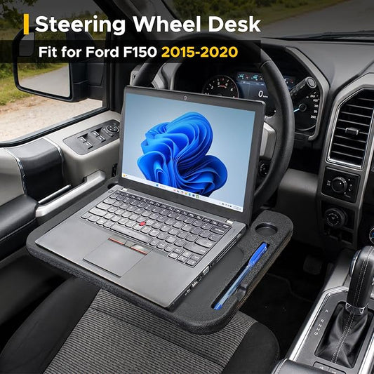 EcoNour Steering Wheel Desk for Ford F150 2015-2018 2019 2020 2-in-1 Car Tray Table Laptop Car Mount with Pen Holder Food Tray for Eating with Drinks Holder Multipurpose Travel Car Accessories