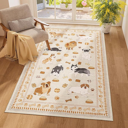 DUKINO 3x5 Area Rug, Lightweight Washable Entryway Rug with Non Slip & Low Pile, Soft Non Shedding Animal Dog Print Pattern Indoor Carpet for Bedroom, Kitchen, Bathroom, Kids Room, Beige Yellow