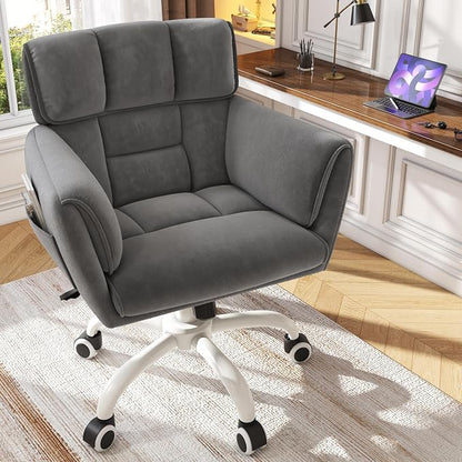 DurayLoly Home Office Chair with Wheels Soft-Touch Material,Modern Cute Vanity Chair with Back Adjustable Height Upholstered Comfy Desk Chairs with Side Pockets for Bedroom,Grey