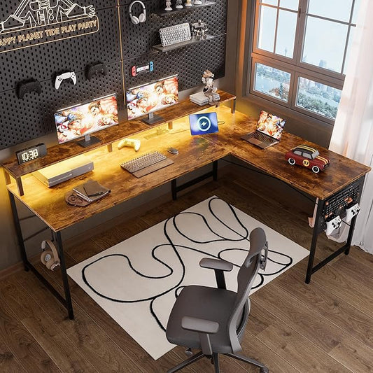 Pamray 64 Inch L Shaped Gaming Desk with Power Outlets and Led Lights, Large Corner Computer Desk with Monitor Stand and Pegboard, PC Table for Home Office and Bedroom Vintage