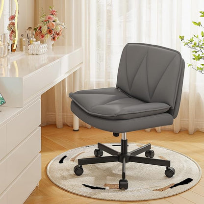 DurayLoly Criss Cross Chair with Wheels, Cross Legged Office Chair with 2 Layer Comfty Leather & Back, Armless Wide Vanity Chair for Home Office, Grey