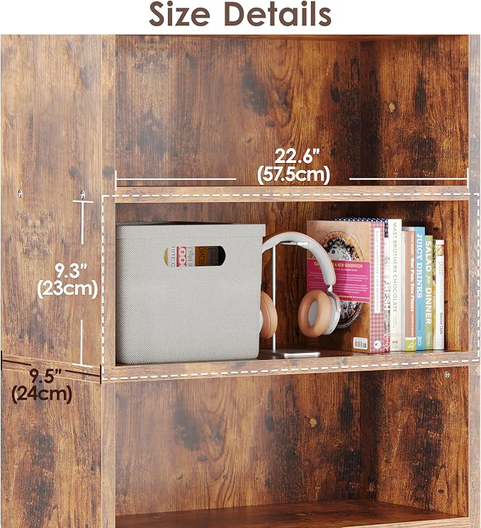 ALISENED 5-Tier Bookcase, Open Bookshelves and Bookcases with Storage Shelves, Floor Standing Unit, Display Storage Shelves for Bedroom Library Living Room Home Office, Brown