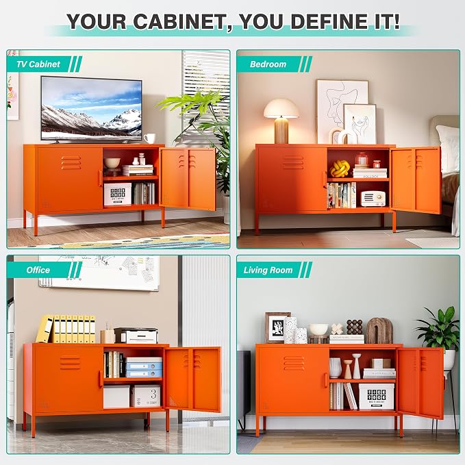 SISESOL Orange Metal Storage Cabinet with Doors and Shelves,2 Door Wide Metal Locker Accent Storage Cabinet with Leg & Vent Hole,Wide TV Cabinets,Low Side Cupboard for Home,Office,Dining/Living Room