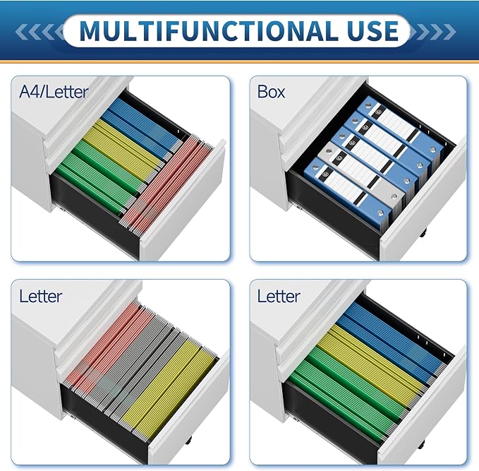 Locking File Cabinet 3 Drawers on Wheels Under Desk, Metal Filing Cabinets for Home Office, A4, Letter-Size Files, Hanging File Folders-White
