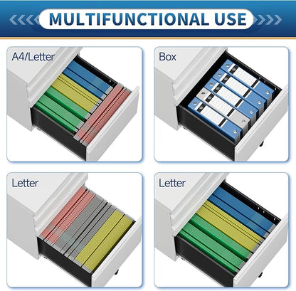 File Cabinet for Home Office,3 Drawers Mobile File Cabinets Rolling,Under Desk Metal Filing Cabinet, Small Mobile File Storage Cabinets for Legal/Letter/A4 -White/Assembly Required