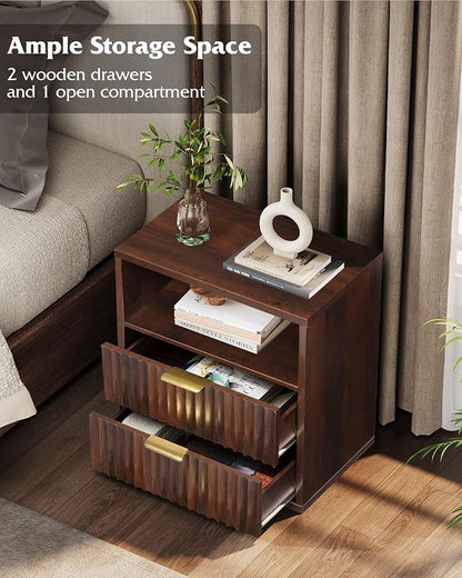 WLIVE Fluted Night Stand, Wood Nightstands with 2 Storage Drawers and Open Shelf, Mid Century Modern Bed Side Tables for Bedroom, Dorm, Espresso
