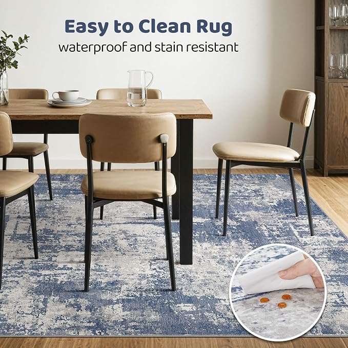 7x9 Area Rug Living Room: Washable Large Abstract Modern Soft Rug Stain Resistant Indoor Floor Non Slip Accent Carpet for Bedroom Nursery Playroom Dining Room Office Dorm Home House- Navy Grey