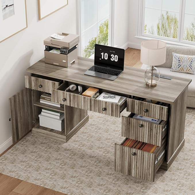 Garvee 60" Office Desk with Storage & Drawers, Fluted Wood Executive Desk with File Drawer & Charging Station, Modern Computer Desk with Adjustable Shelves for Home Office, Grey