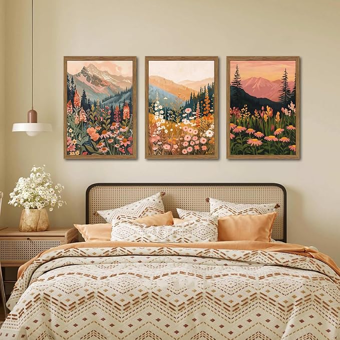 Boho Colorful Landscape Wall Art Set of 3, Vintage Wildflower Mountain Canvas Wall Decor Paintings, Rustic Nature Floral Pictures Prints for Living Room Bedroom 12x16 Inch Wood Framed