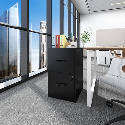 2 Drawer File Cabinet with Lock, Metal Vertical Filing Cabinet, Filing Cabinets for Home Office, Locking File Cabinet Hanging Files for A4/ Legal/Letter, Require Assembly, Black