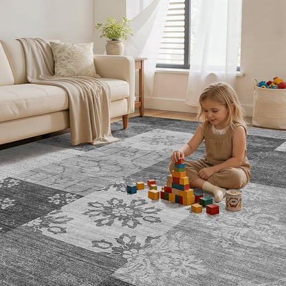 UERMEI 6x9 Area Rug for Living Room - Washable Vintage Carpet, Non-Slip Soft Large Indoor Floor Rugs for Bedroom Home Office & Under Dining Table Decor, Gray Block