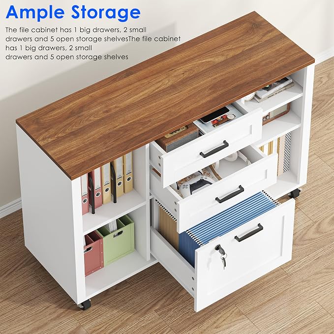 kepptory 3 Drawer Wood Mobile Large lateral File Cabinet with Lock, Lockable Rolling Filing Cabinet with Open Storage Shelves, Printer Stand Office Storage for Home Office Fits Files Legal/A4, White