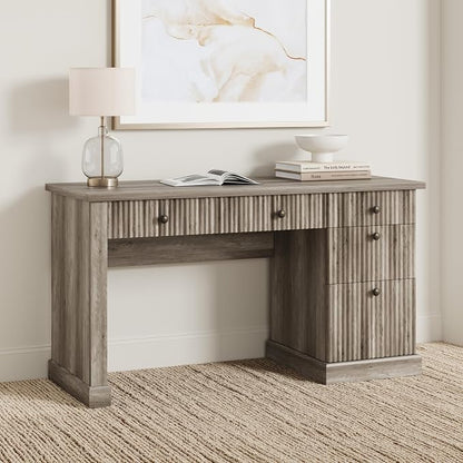 Garvee Fluted Home Office Desk with File Drawer, 54" Modern Executive Desk with Charging Station, Wooden Computer Writing Desk for Home Office, Study Room, Grey