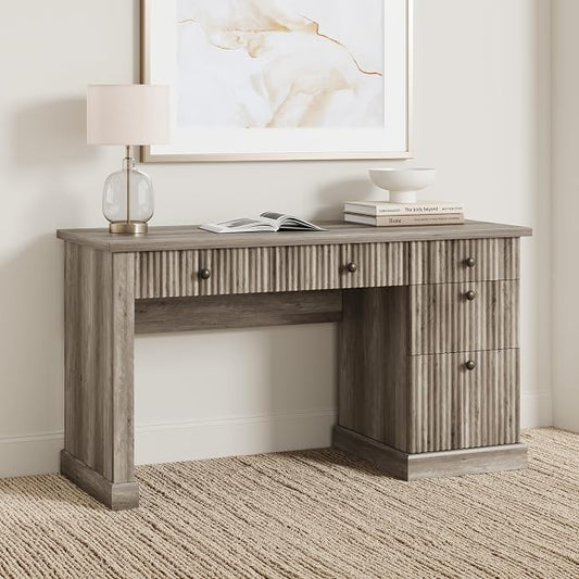 Garvee Fluted Home Office Desk Storage, 54" Modern Executive Desk with Charging Station, Wooden Computer Writing Desk with File Cabinet & Drawers for Study, Living Room, Bedroom