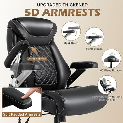 700lbs Big and Tall Office Chair, Ergonomic Heavy Duty Executive Cloth Office Chair with 5D Flip Arms & Adjustable Lumbar Support & Dual Rubber Wheel, Large Thick Padded Extra Wide Seat, Black