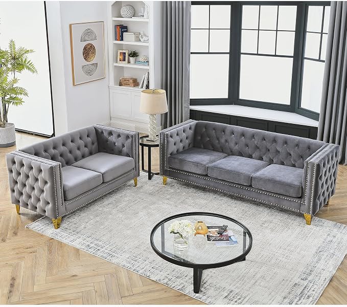 mikibama 2PC Velvet Sofa Couch Set for Living Room,Button Tufted 3 Seater Sofa and 2 Seater Loveseat Couch,Modern Upholstered Sofas with Nailhead Trims,Golden Metal Legs for Bedroom
