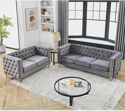 mikibama 2PC Velvet Sofa Couch Set for Living Room,Button Tufted 3 Seater Sofa and 2 Seater Loveseat Couch,Modern Upholstered Sofas with Nailhead Trims,Golden Metal Legs for Bedroom