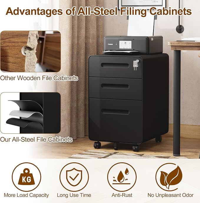 File Cabinet, Mobile Filing Cabinet with Lock, All Steel Structure Printer Stand, Fully Assembled Except Casters, Under Desk Storage for Home Office, 3 Drawers Document Organizer, Black