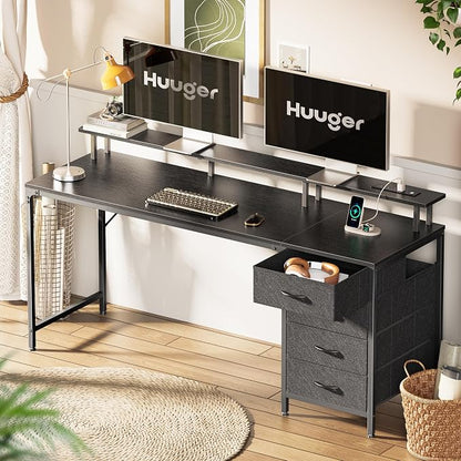 Huuger 63 Inch Computer Desk with Power Outlets and LED Lights, Gaming Desk with 4 Drawers, Office Desk with Monitor Stand, Study Desk Work Desk for Home Office, Black