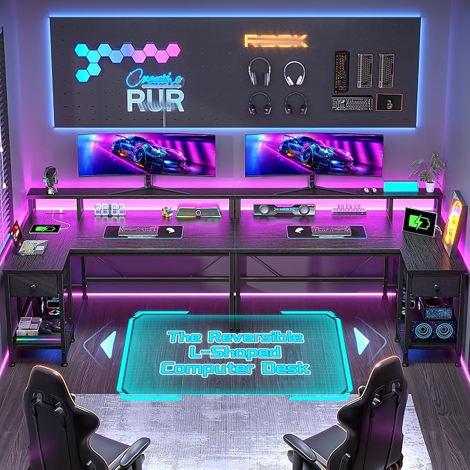 DurayLoly 48" L- Shaped Gaming Desk with LED Lights & Power Outlet,Gaming Desk with Monitor Stand for Gamer,Home Office Desk with Drawer for Student Study Room,Bedroom,Small Working Room,Black