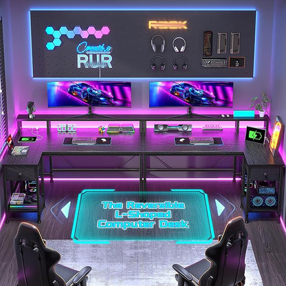 DurayLoly 48" L- Shaped Gaming Desk with LED Lights & Power Outlet,Gaming Desk with Monitor Stand for Gamer,Home Office Desk with Drawer for Student Study Room,Bedroom,Small Working Room,Black