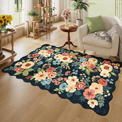 DUKINO 3x5 Area Rug, Floral Non-Slip Indoor Washable Rug with Low Pile & Non-Shedding, Lightwight Boho Design Carpet for Entryway, Bedroom, Kids Room, Living Room, Kitchen, Navy Blue