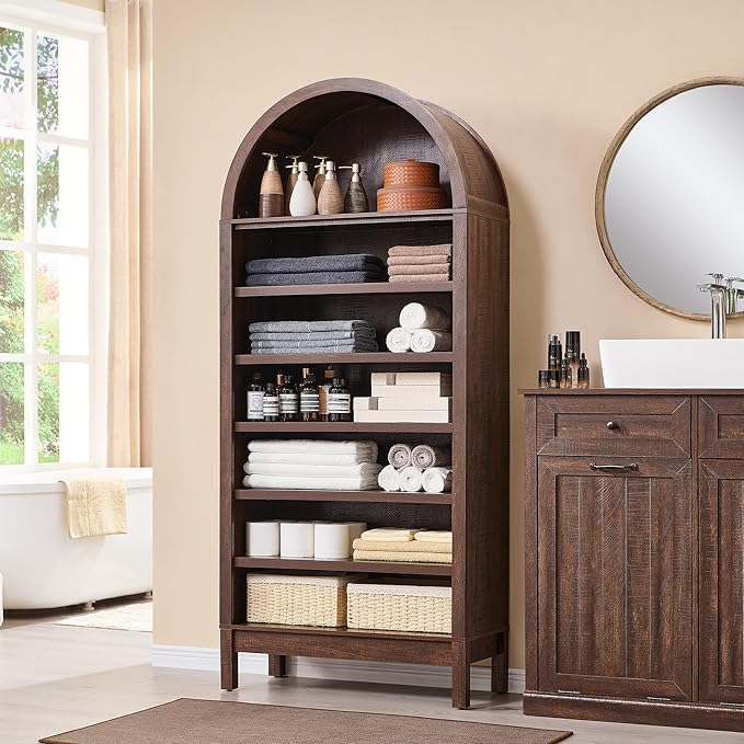IFGET 71" Tall Arched Bookshelf, 7 Tiers Arch Bookcase with Storage, Modern Farmhouse Book Shelf with Adjustable Shelves, Wood Bookshelf w/Open Display Shelves for Living Room, Office (Brown)