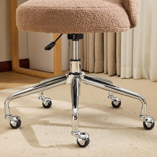 VINGLI Cute Small Swivel Desk Chair Comfy with Wheels,Ergonomic Low-Back Lumbar Support Vanity Nail Tech Rolling Task Stool Chair for Home Office,Height Adjustable,Teddy Fleece,Brown