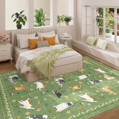 DUKINO 8x10 Area Rug, Non Slip Washable Animal Dog Rug for Living Room, Stain Resistant & Low Pile Indoor Floor Large Carpet for Bedroom, Farmhouse, Nursery, Dining Room, Kids Playroom, Green