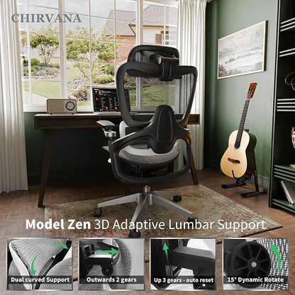 Ergonomic Office Chair, Mesh Computer Chair with 3D Lumbar Support, Home Desk Chair with 5D Armrests, 4D Headrest, 90-130°Tilt, BIFMA Certified, Model Zen (Grey)