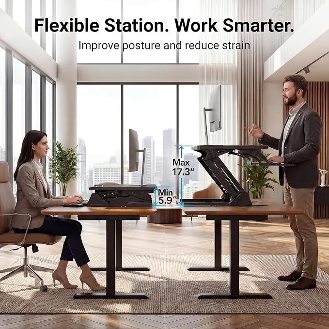 HUANUO 32" Z Shaped Standing Desk Converter with Wide Keyboard Tray, Black | Instant Sit-Stand Convert,Fits Dual Monitors,Dual Gas Spring Lifter,Wobble-Free Z-Steel,Quick Keyboard Install