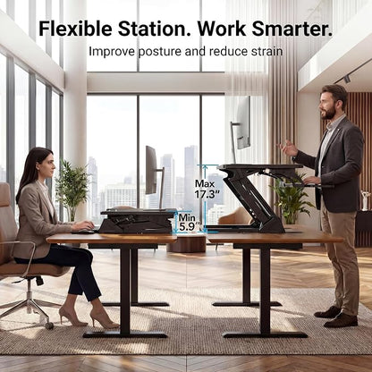 HUANUO 32" Z Shaped Standing Desk Converter with Wide Keyboard Tray, Black | Instant Sit-Stand Convert,Fits Dual Monitors,Dual Gas Spring Lifter,Wobble-Free Z-Steel,Quick Keyboard Install