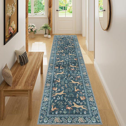 DUKINO Runner Rug, 2x8 Washable Kitchen Rugs for Hallways with Non Slip Backing, Soft Low Pile Vintage Animal Runner for Kitchen, Hallway, Entryway, Laundry, Bedroom, Blue