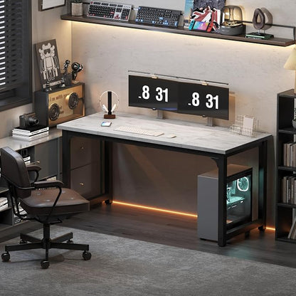 NSdirect 63" Large Computer Desk,Modern Simple Style PC Table Office Desk Wide Workstation for Study Writing,Gaming and Home Office,Extra 1" Thicker Wooden Tabletop and Black Metal Frame,White+Black