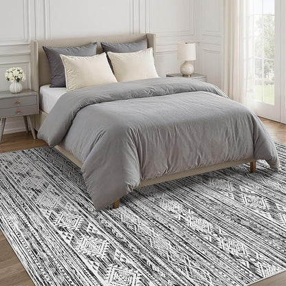 Nakagishi Area Rug Living Room Rugs: 7X9 Machine Washable Boho Large Neutral Farmhouse Stain Resistant Moroccan Indoor Floor Carpet for Bedroom Nursery Dorm Dining Room Home-White Black