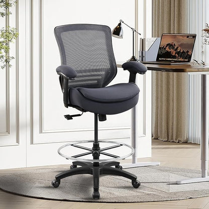 400lbs Office Drafting Chair Wide Dual Seat Cushion Height Adjustable Armrest for High Standing Desk with Lumbar Support and Enlarged Adjustable Footrest (Black Frame Gray Fabric)