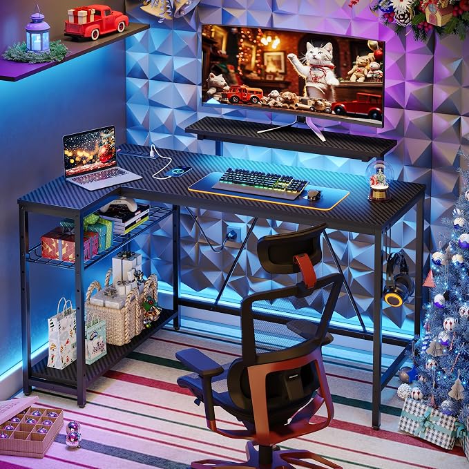 Bestier 52" Gaming Desk with Integrated Power Outlet & USB Ports, L-Shaped Computer Desk with LED Strip & Headphone Hooks, Perfect for Home Office Pink,Carbon Fiber Black