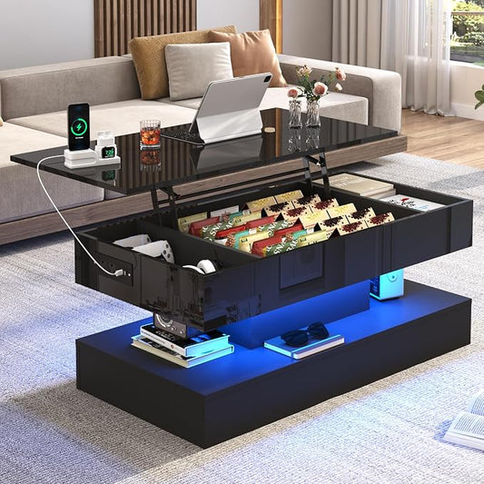 39.4" Large Lift Top Coffee Table,Modern High Glossy LED Coffee Tables for Living Room with Storage,Black Living Room Tables for Living Rooms,Dining Room,Bedroom Home Office,APP LED Lights（Black）